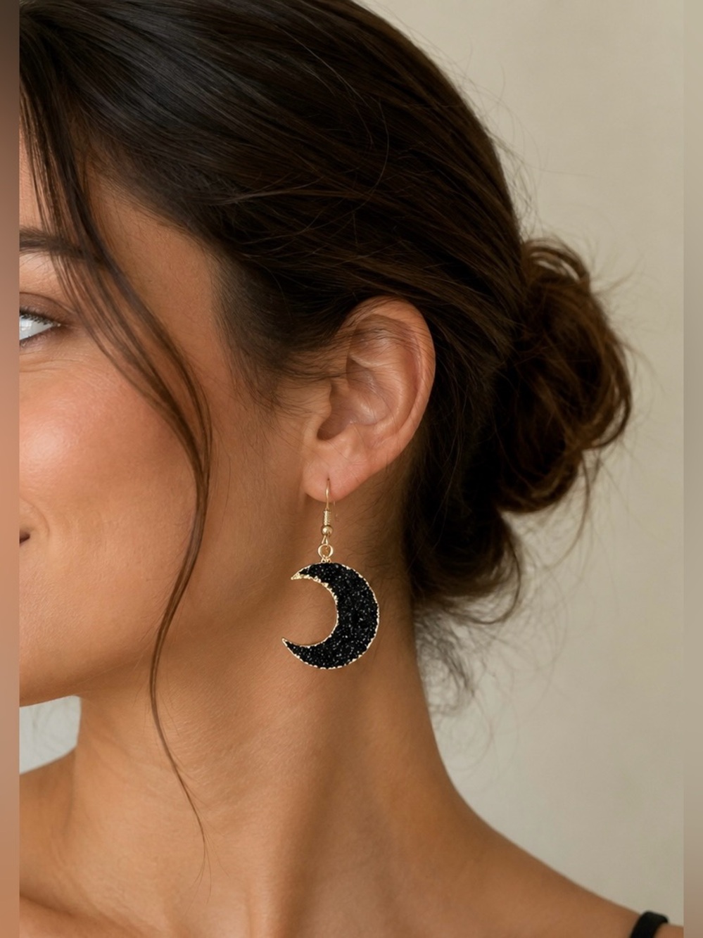 Black Druzy Crescent Moon Drop Earrings